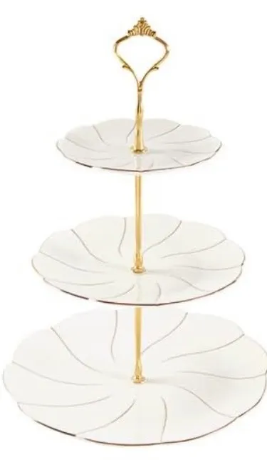 PORCELAIN 3-TIER CUPCAKE STAND TOWER GOLD TRIM